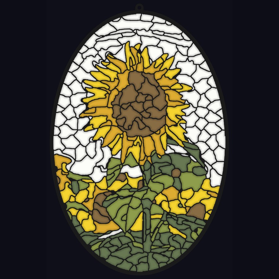 Ayçiçeği fotoğrafından üretilmiş oval vitray paneli, üstünde asma deliği
