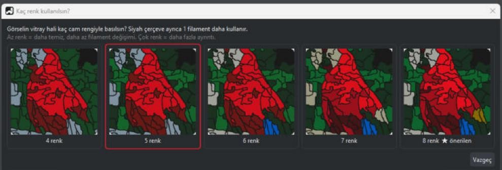 Kaç renk kullanılsın penceresi: 4'ten 8'e kadar her seçeneğin canlı önizlemesi
